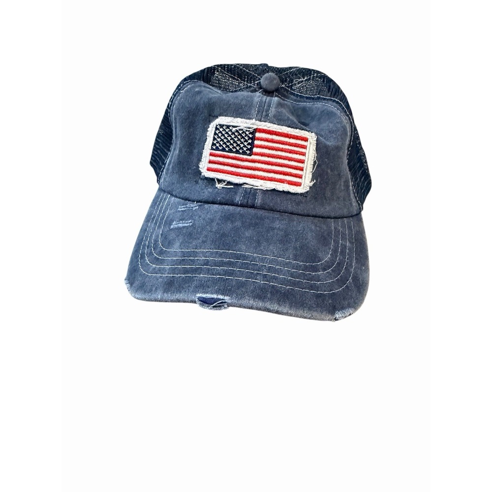 New Women's Baseball Hat Trucker blue USA flag mesh back hair hole